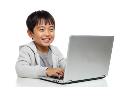 Happy young asian boy smiling while typing on a silver laptop computer isolated on transparent background - Powered by Adobe