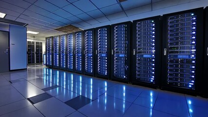 Hightech server room with rows of powerful servers blue lighting for data storage processing innovation security infrastructure technology digital network system concept. - Powered by Adobe