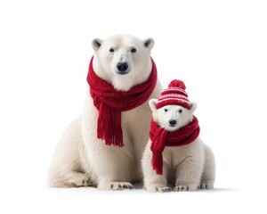 A heartwarming scene of a polar bear and her cub wearing cozy red scarves, evoking feelings of warmth and love in a snowy winter setting.