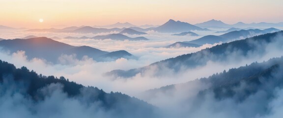  Soft, diffused watercolor style capturing the delicate beauty of mountain mist at sunrise. Gentle washes of color create a