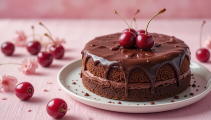  Bright and airy high key shot of a chocolate cherry cake on a pastel colored tablecloth.