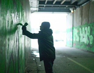 Silhouetted person spray painting green graffiti on an urban tunnel wall