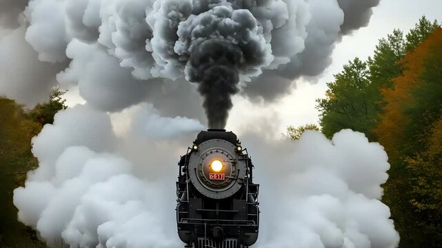 Vintage steam train powerfully rushing through autumn foliage with billowing smoke adding drama and motion to the scenic landscape