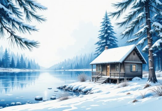  A cool watercolor painting of a winter cabin by a frozen lake, with detailed pine needles and a blue and white palette.