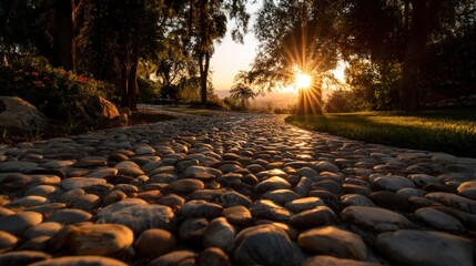 Obraz premium A stone path leading towards a sunlit forest landscape at golden hour with trees and foliage