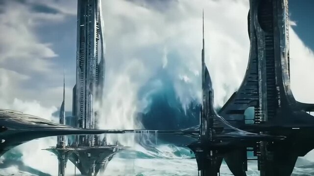 Futuristic city besieged by a massive tidal wave