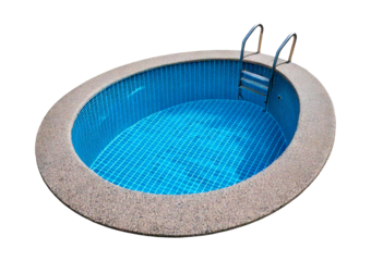 Oval swimming pool with concrete deck and metal ladder isolated on a transparent or white background