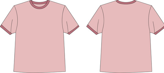Flat vector illustration of pink t-shirt front and back, casual fashion ringer tee design template with outlines, blank apparel mockup
