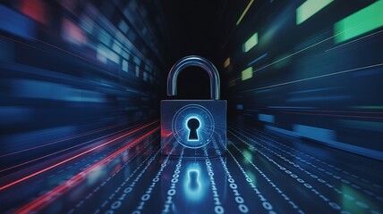 Glowing padlock with digital data stream security binary code