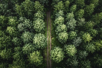 Pathway through verdant forest from above