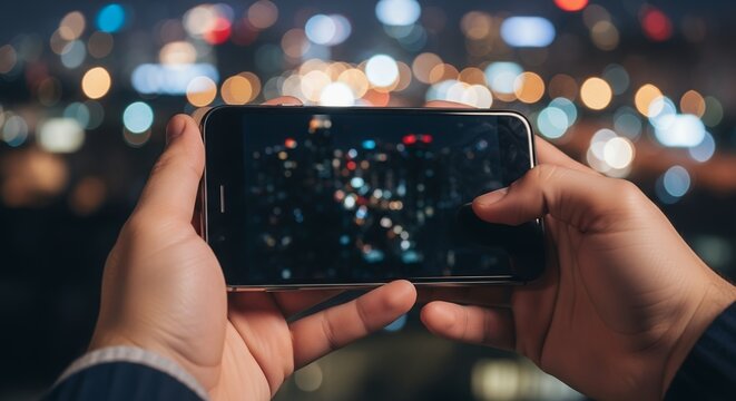Man's hands are holding smartphone to capture cityscape bokeh lights at night, concept for urban photography, city exploration and social media sharing - Powered by Adobe