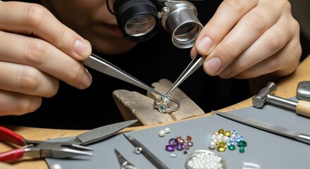 Jeweler meticulously setting gemstones into a ring using tweezers and a magnifying loupe for precision, concept for jewelry design, custom jewelry creation and artisan craftsmanship
