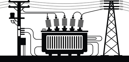 High voltage transformer station connection, detailed cad vector drawing showing electrical power distribution, utility pole, insulators, and transmission tower system