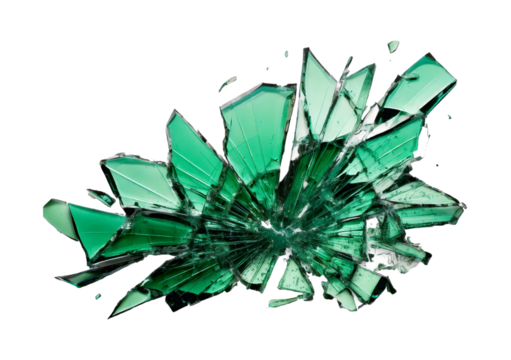 Shattered green glass fragments isolated on a transparent or white background