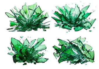 Set Shattered green glass fragments isolated on a transparent or white background