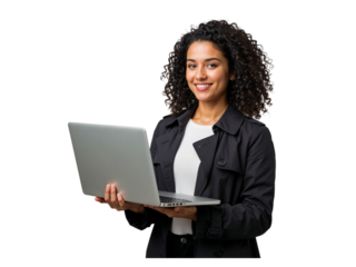 Smiling confident young woman with curly hair holding a laptop computer in her hands isolated on transparent background