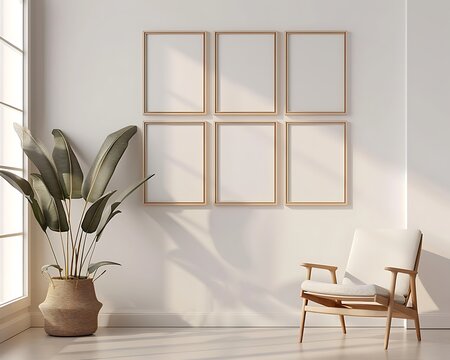 Interior with gallery wall layout, multiple empty frames in various sizes for mockup, minimalist background, soft shadows