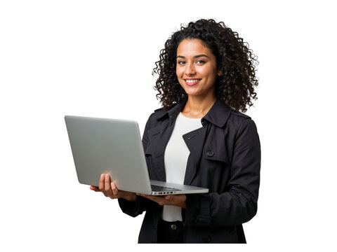 Smiling confident young woman with curly hair holding a laptop computer in her hands isolated on transparent background