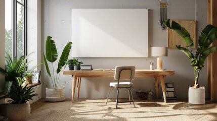 Stylish home office with large horizontal canvas on wall, indoor plants, and natural lighting, neutral tones for mockup use