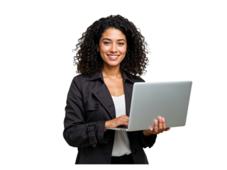 Smiling young business professional woman with curly hair holding a laptop computer isolated on transparent background