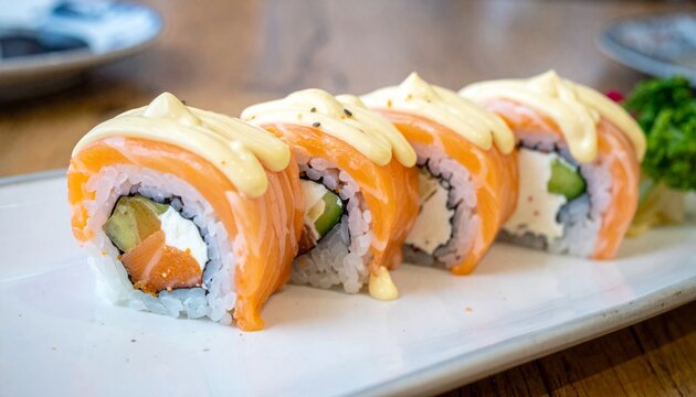 delicious salmon sushi roll with mayonnaise 