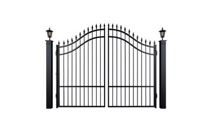Elegant black wrought iron double gates with decorative finials and arched top on white background