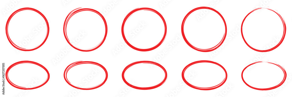 Poster hand drawn red circle line sketch set. circular vector image. vector brush strokes circles of paint 