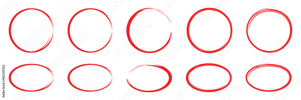 Poster hand drawn red circle line sketch set. circular vector image. vector brush strokes circles of paint 
