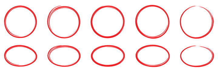 Hand drawn red circle line sketch set. Circular vector image. Vector brush strokes circles of paint on white background, doodle round and ovals circles for message note mark