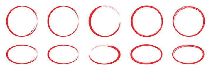 Hand drawn red circle line sketch set. Circular vector image. Vector brush strokes circles of paint on white background, doodle round and ovals circles for message note mark