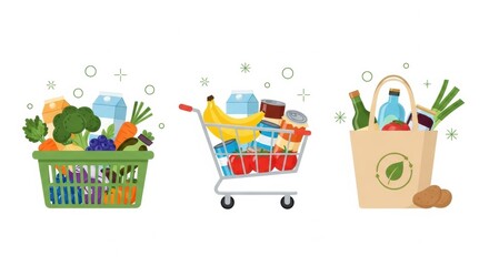 Diverse Shopping Vessels Filled with Fresh Food and Pantry Staples for Everyday Needs