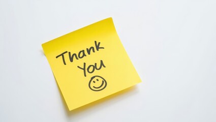 Bright yellow sticky note with handwritten thank you message and a smiley face on a clean white background