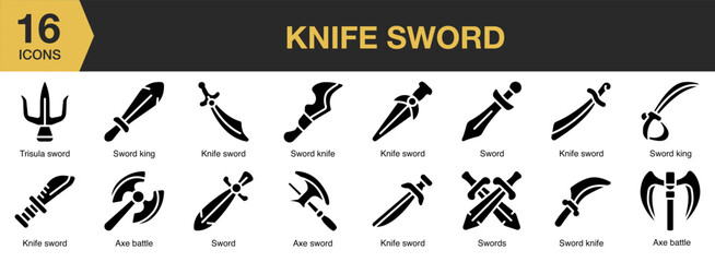 Knife Sword solid icon set. Includes dagger, medieval, emblem, blade, armor, and More. Solid icons vector collection.