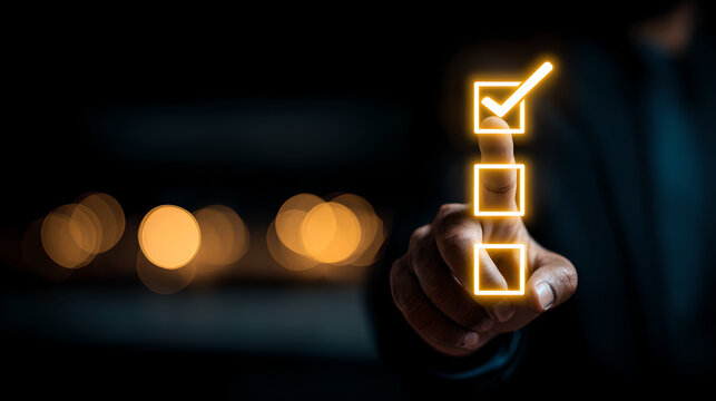 A hand is tapping a glowing orange checkbox in a list of empty boxes, indicating the completion of an item.
