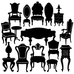 Collection of antique furniture silhouettes including chairs tables and a dresser on a white background