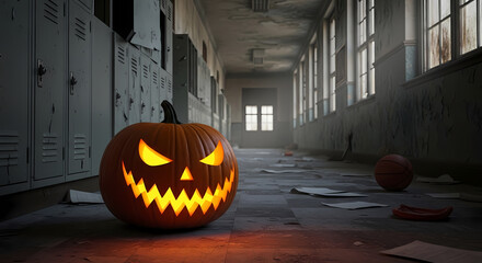 A haunted Halloween wedding anniversary, with a sinister Jack-o'-lantern glowing in a desolate school corridor.