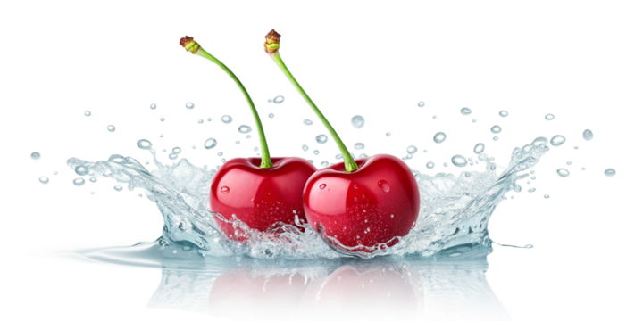 Fresh Red Cherries Splashing in Water on Transparent Background
Juicy Cherries with Green Stems Creating Water Splash Isolated