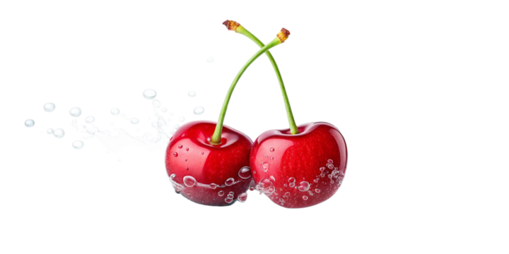 Fresh Red Cherries Splashing in Water on Transparent Background
Juicy Cherries with Green Stems Creating Water Splash Isolated