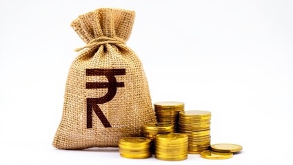 A burlap money bag with the indian rupee symbol and stacks of gold coins on a white background representing wealth and savings