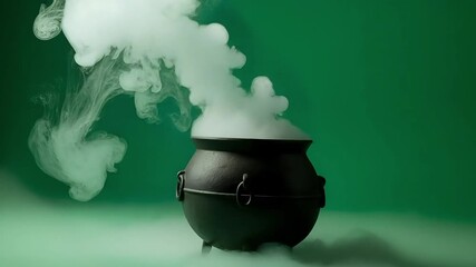 Bewitching cauldron bubbling with mysterious fog on St Patrick's Day for spooky Halloween party promotions and magical themed events