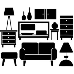 Collection of black furniture and home decor silhouettes arranged on a white background