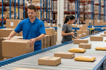 Focused Warehouse Team Sorting Packages on a Busy Roller Conveyor Line