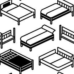 Isometric line art illustration of various beds and sleeping furniture arranged in a seamless pattern
