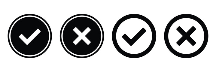 Check mark and cross icon set in circle. Tick and cross icon button set. Yes or no symbol, approved or rejected icon. Vector illustration isolated on white background