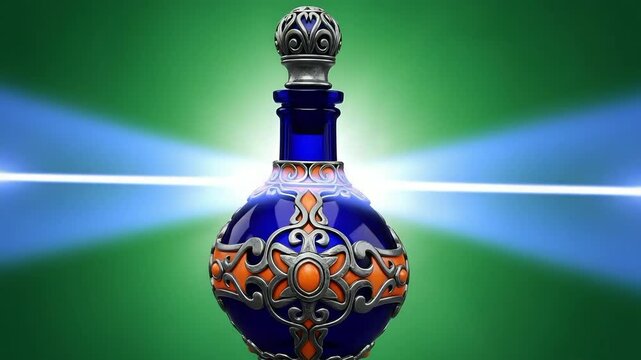 Enchanting blue potion bottle with swirling silver designs shimmers mysteriously in the magical green light of an alchemist's lab