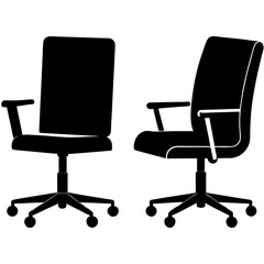 Fototapeta premium Two black silhouette office chairs with wheels and armrests shown from different angles on a white background