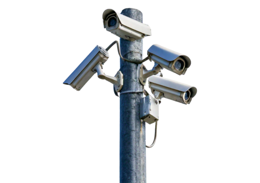 Security CCTV cameras mounted on a pole isolated on a transparent or white background