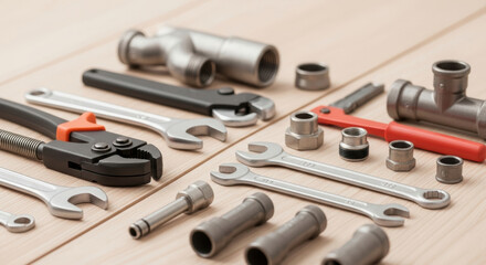 assorted adjustable wrenches, pipe fittings, and plumbing hand tools arranged neatly on wooden surface for construction or repair projects