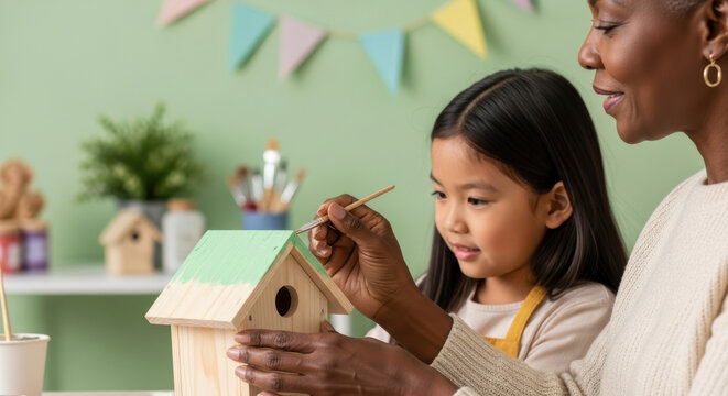 Smiling young girl and her grandmother enjoy creative time together while painting a wooden birdhouse in cozy art room with pastel decor, expressing warmth and connection through shared activity