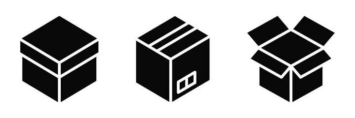 Set of courier, parcel, gift box icon. Product packaging box icon. Black solid box icon. Open and closed box symbol for shipping and delivery use. Open cardboard box icon © Oliver Vandenberg
